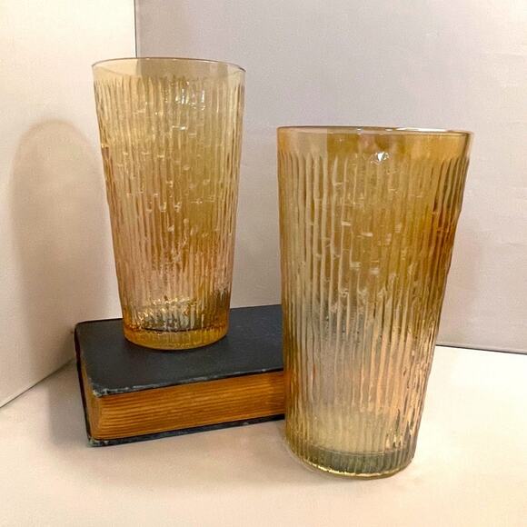 Pair Large Vintage Jeannette Tree Bark Variant Carnival Glass 23 oz Glasses - Picture 1 of 11